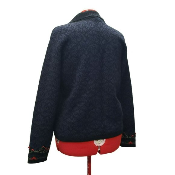 Talbots Floral Embroidered Cardigan Sweater, size L, Black w Red flowers, button - Picture 6 of 10